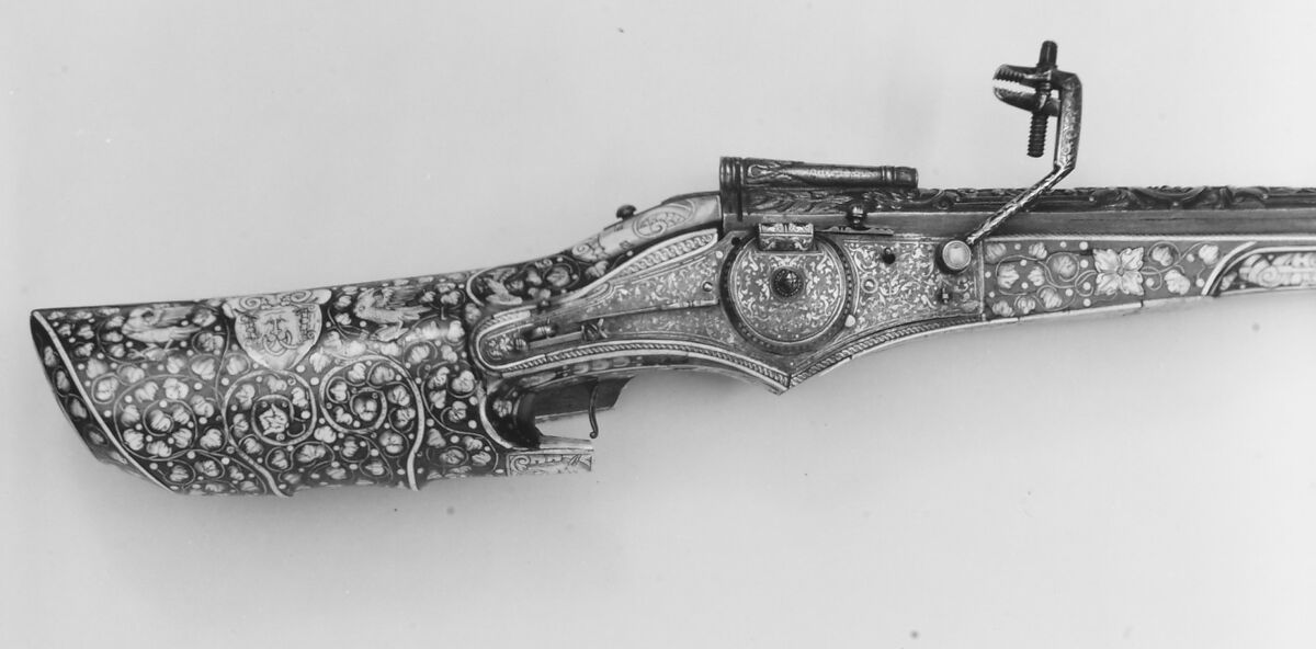 Wheellock Rifle, Steel, wood (walnut), silver, gold, staghorn, German 