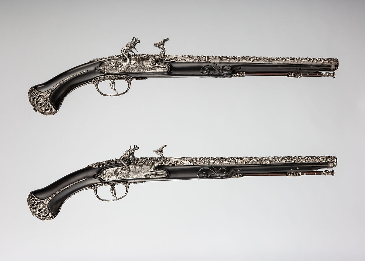 Pair of Snaphaunce Pistols, Wood (ebony), steel, North Italian 