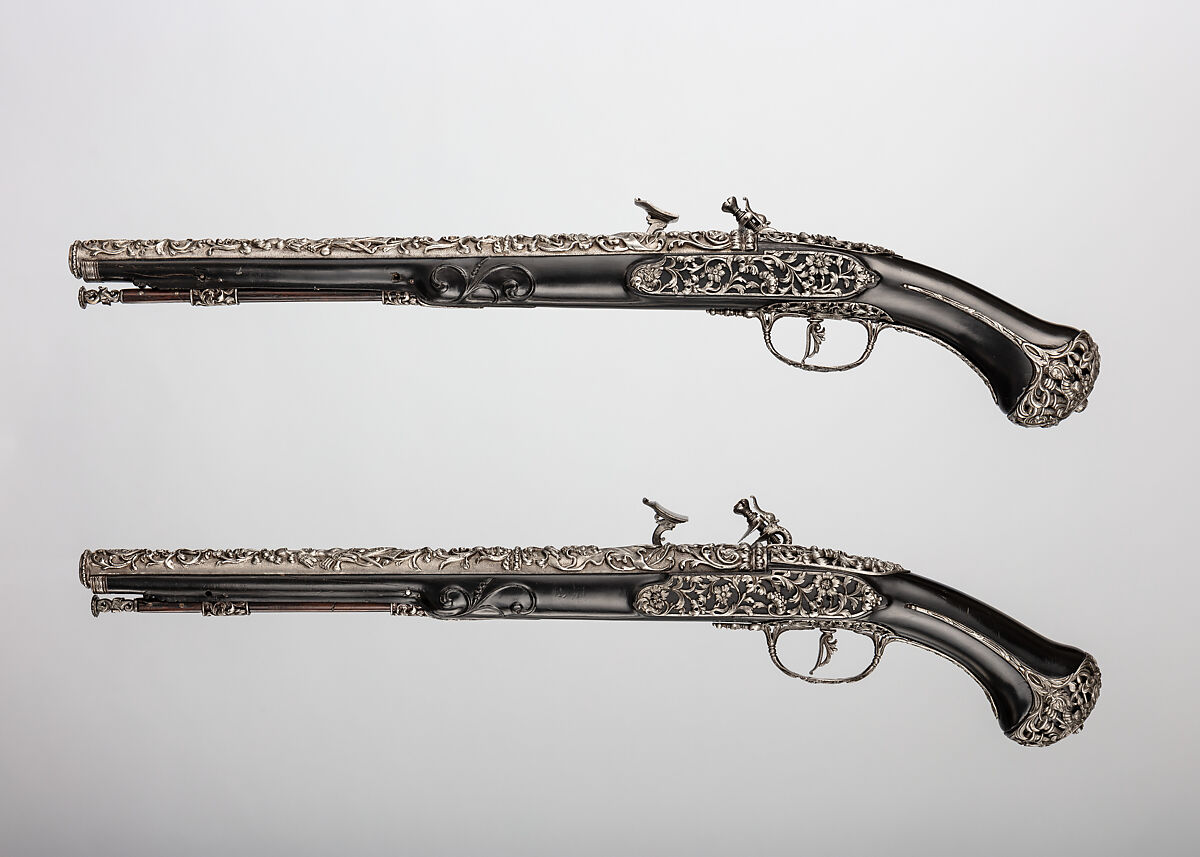 Pair of Snaphaunce Pistols, Wood (ebony), steel, North Italian