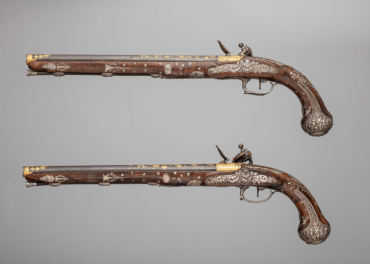 Pair of Flintlock Pistols, Steel, wood (walnut), silver, gold, French