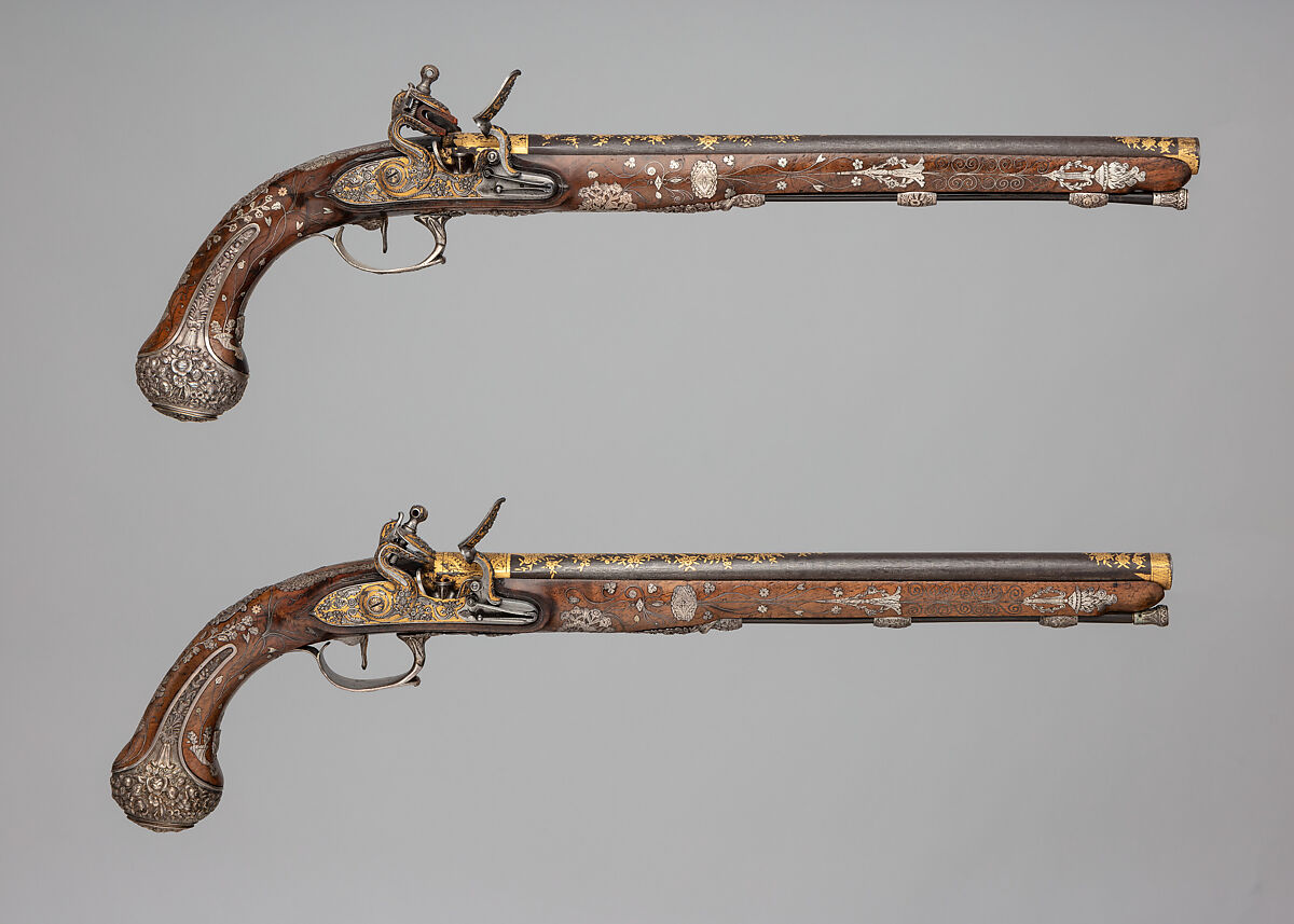 Pair of Flintlock Pistols, Steel, wood (walnut), silver, gold, French 