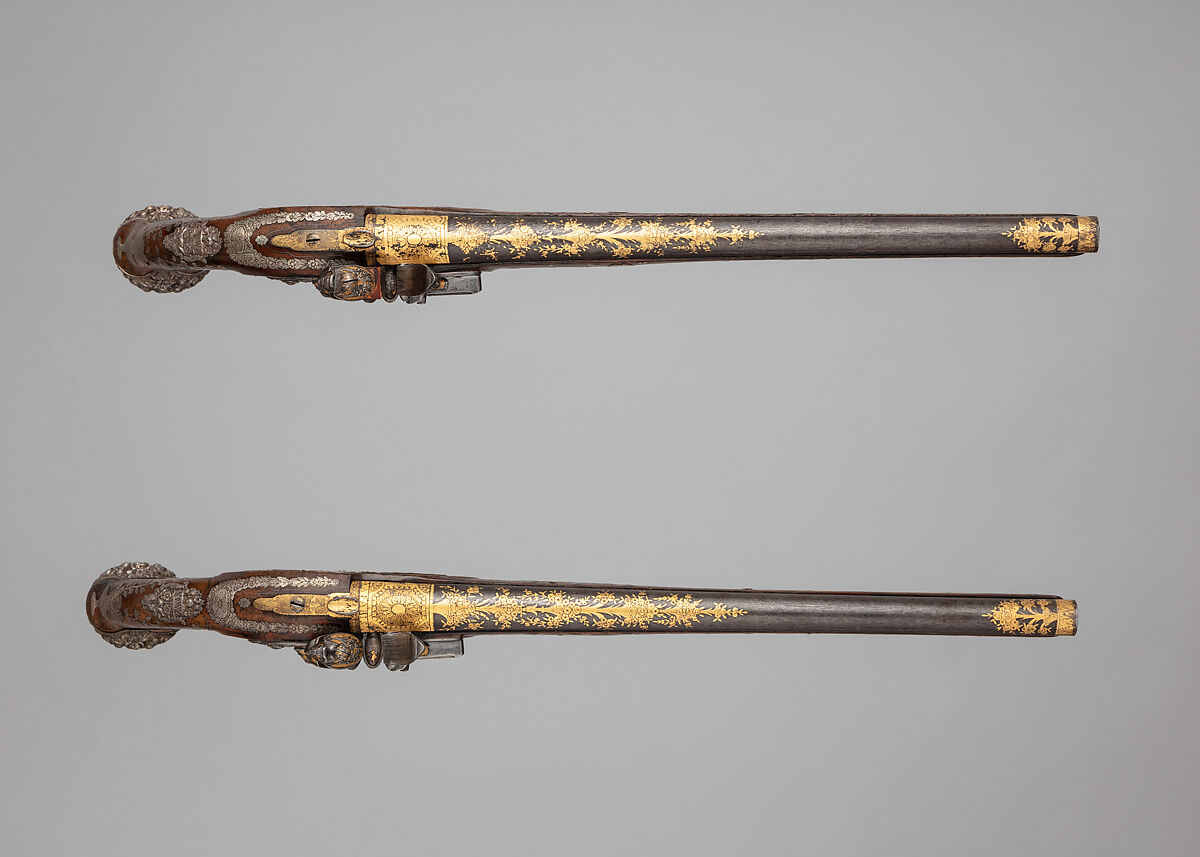 Pair of Flintlock Pistols, Steel, wood (walnut), silver, gold, French