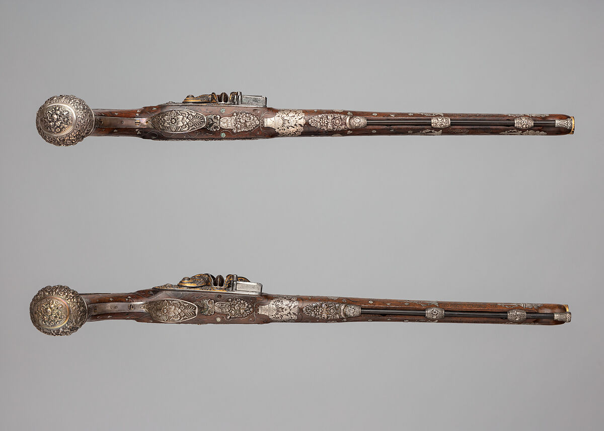 Pair of Flintlock Pistols, Steel, wood (walnut), silver, gold, French