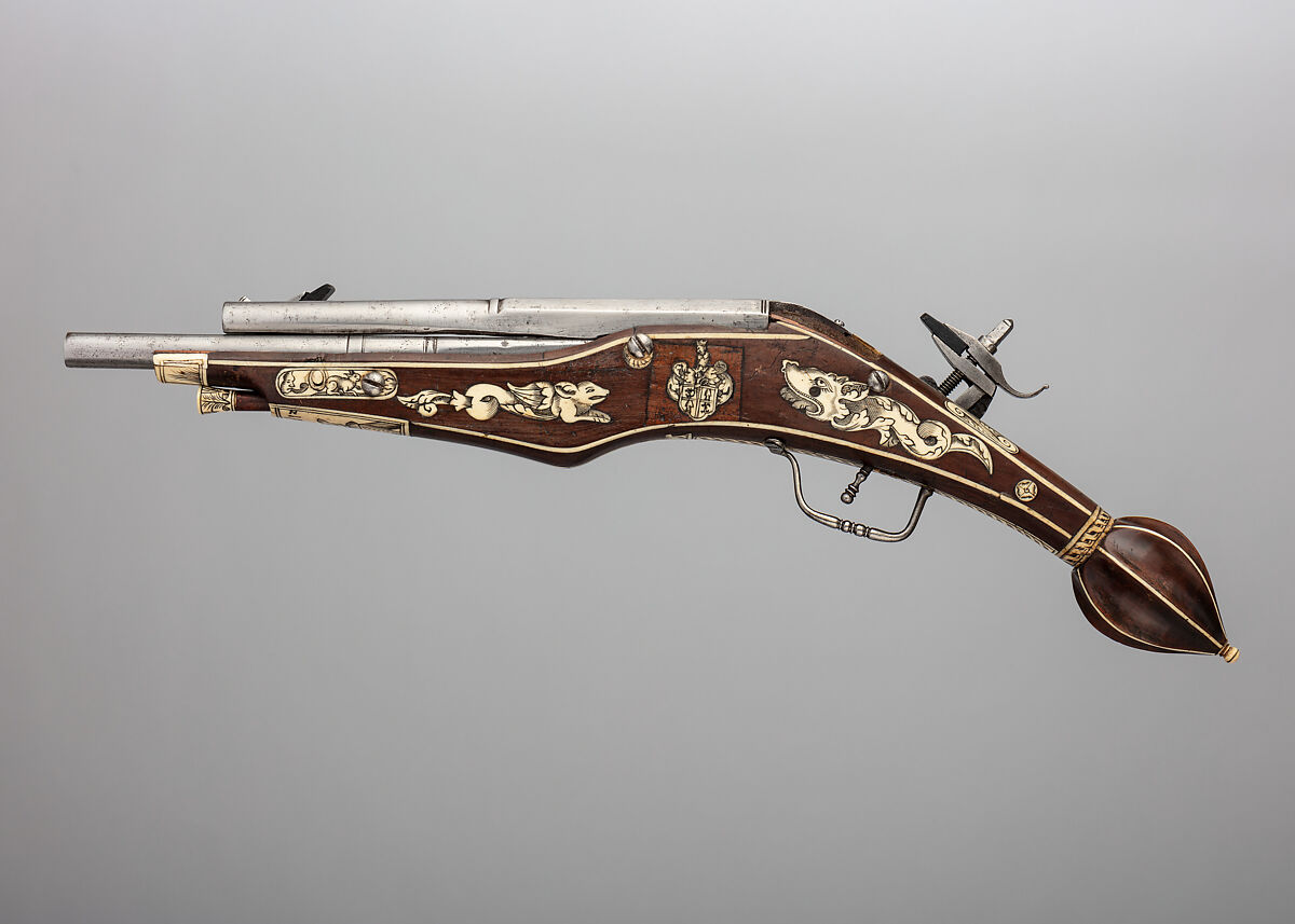 Double Barrelled Wheellock Pistol, Steel, wood, staghorn, German