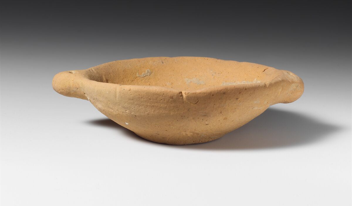 Terracotta miniature dish with two handles, Terracotta, Greek, Laconian 