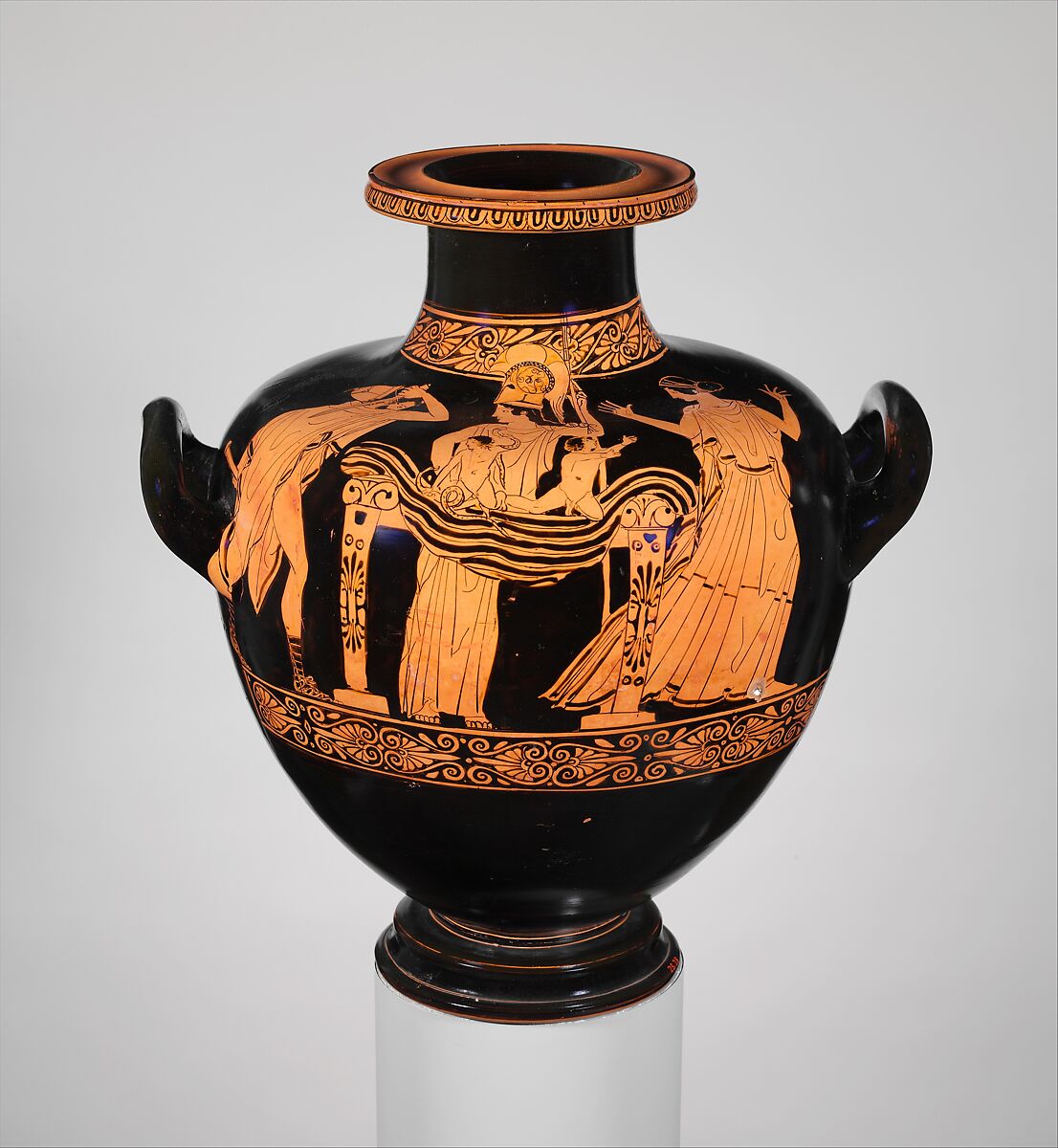 Terracotta hydria: kalpis (water jar), Attributed to the Nausicaä Painter, Terracotta, Greek, Attic 