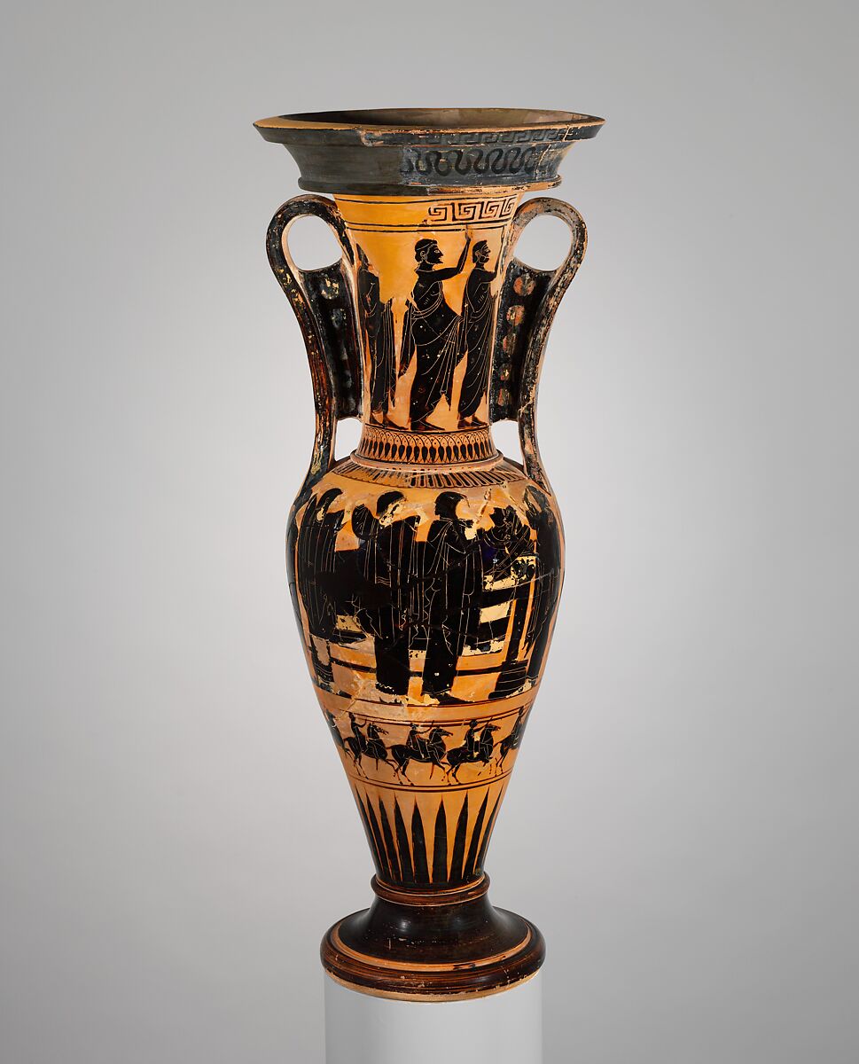 Terracotta loutrophoros (ceremonial vase for water), Terracotta, Greek, Attic 