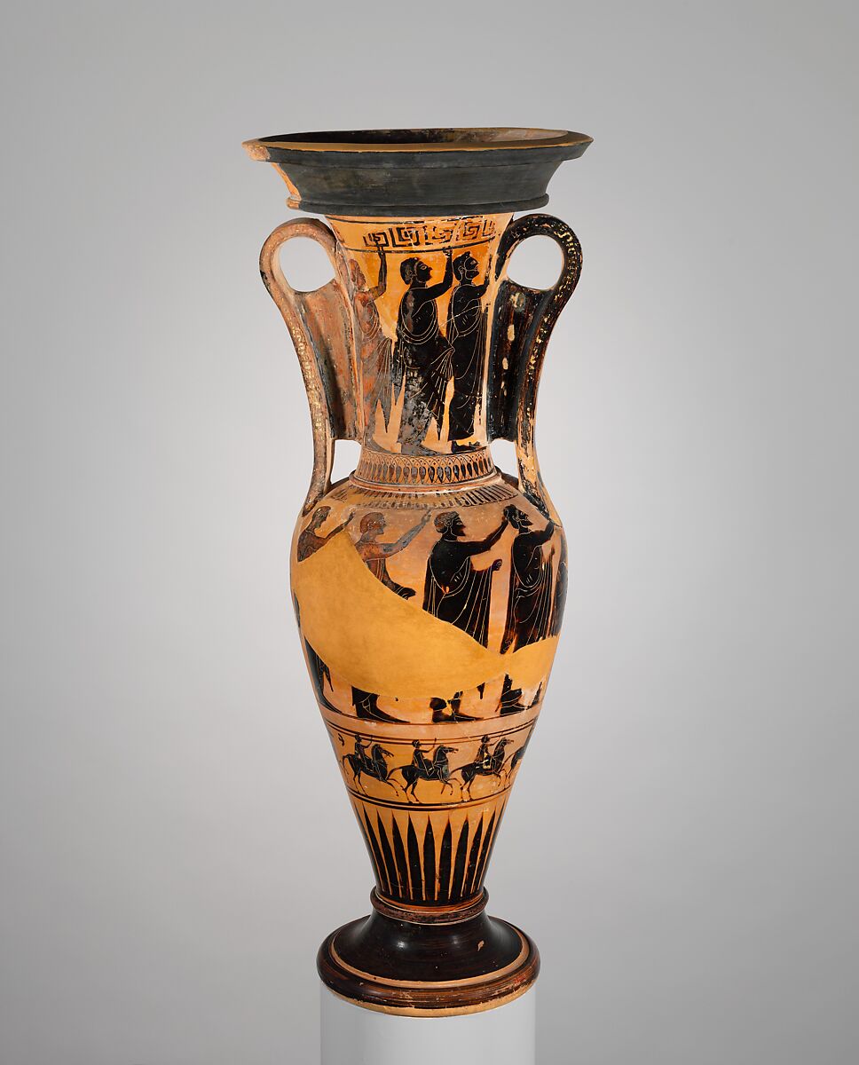 Terracotta loutrophoros (ceremonial vase for water), Terracotta, Greek, Attic