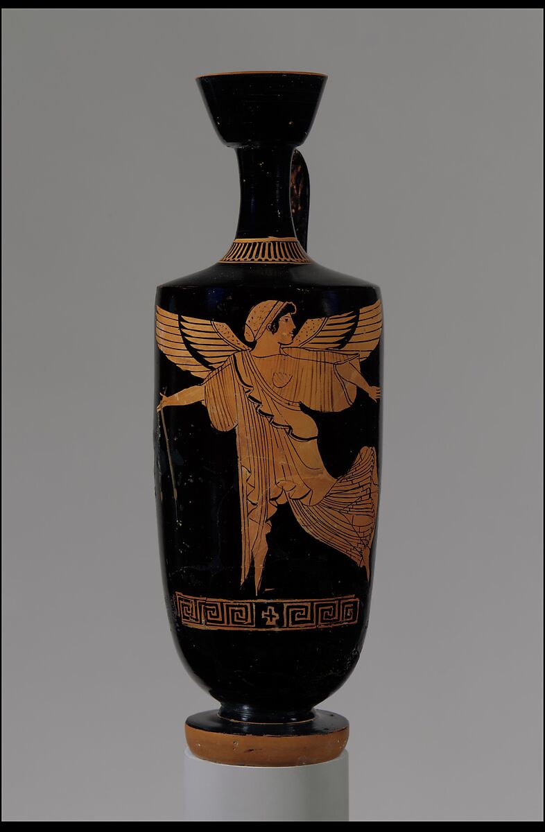 Terracotta lekythos (oil flask), Attributed to the manner of Douris, Terracotta, Greek, Attic 