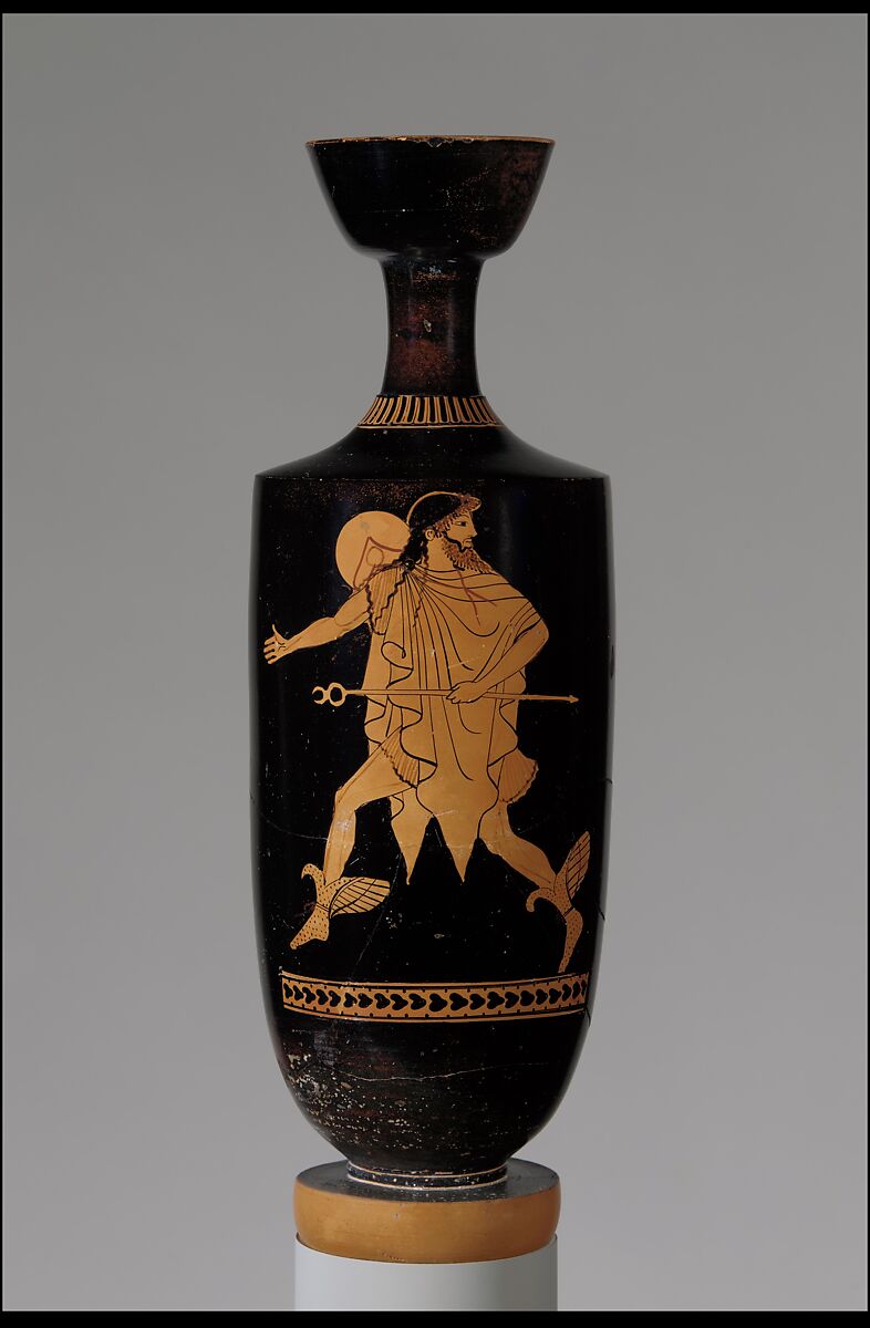 Terracotta lekythos (oil flask), Attributed to the Tithonos Painter, Terracotta, Greek, Attic
