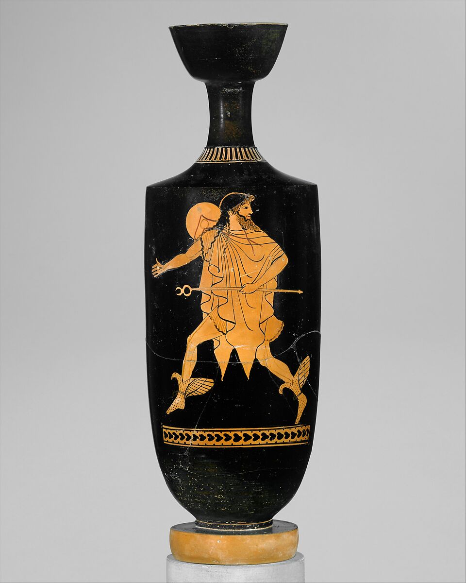 Terracotta lekythos (oil flask), Attributed to the Tithonos Painter, Terracotta, Greek, Attic 