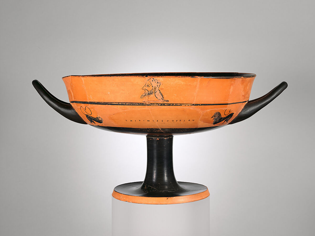 Terracotta kylix: lip-cup (drinking cup), Signed by Epitimos as potter, Terracotta, Greek, Attic 