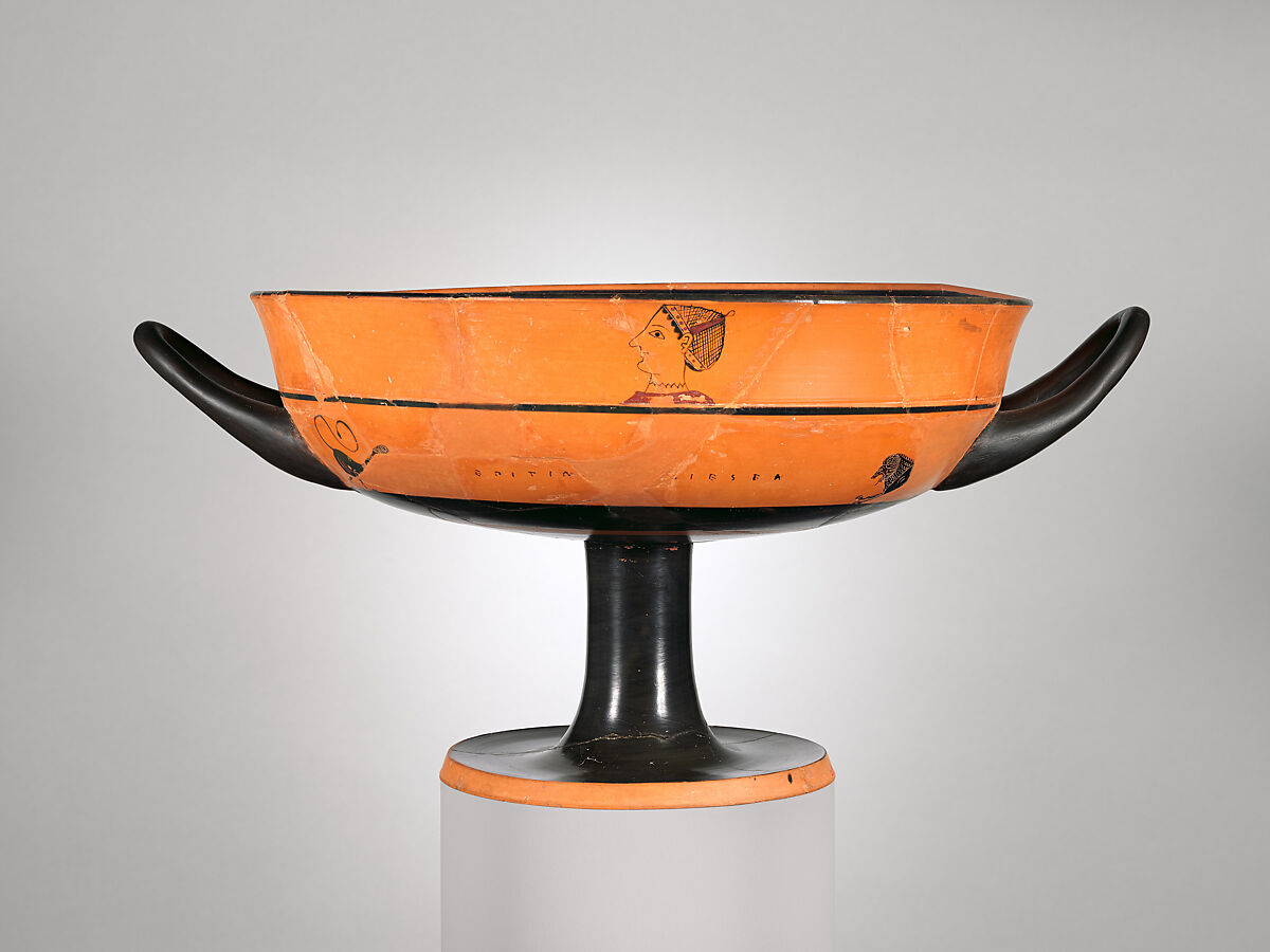 Terracotta kylix: lip-cup (drinking cup), Signed by Epitimos as potter, Terracotta, Greek, Attic