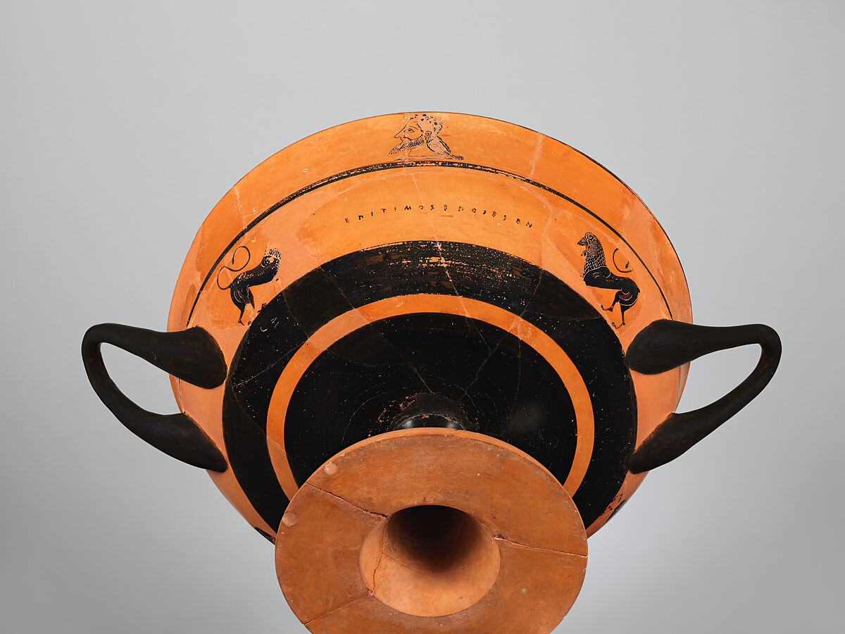 Terracotta kylix: lip-cup (drinking cup), Signed by Epitimos as potter, Terracotta, Greek, Attic