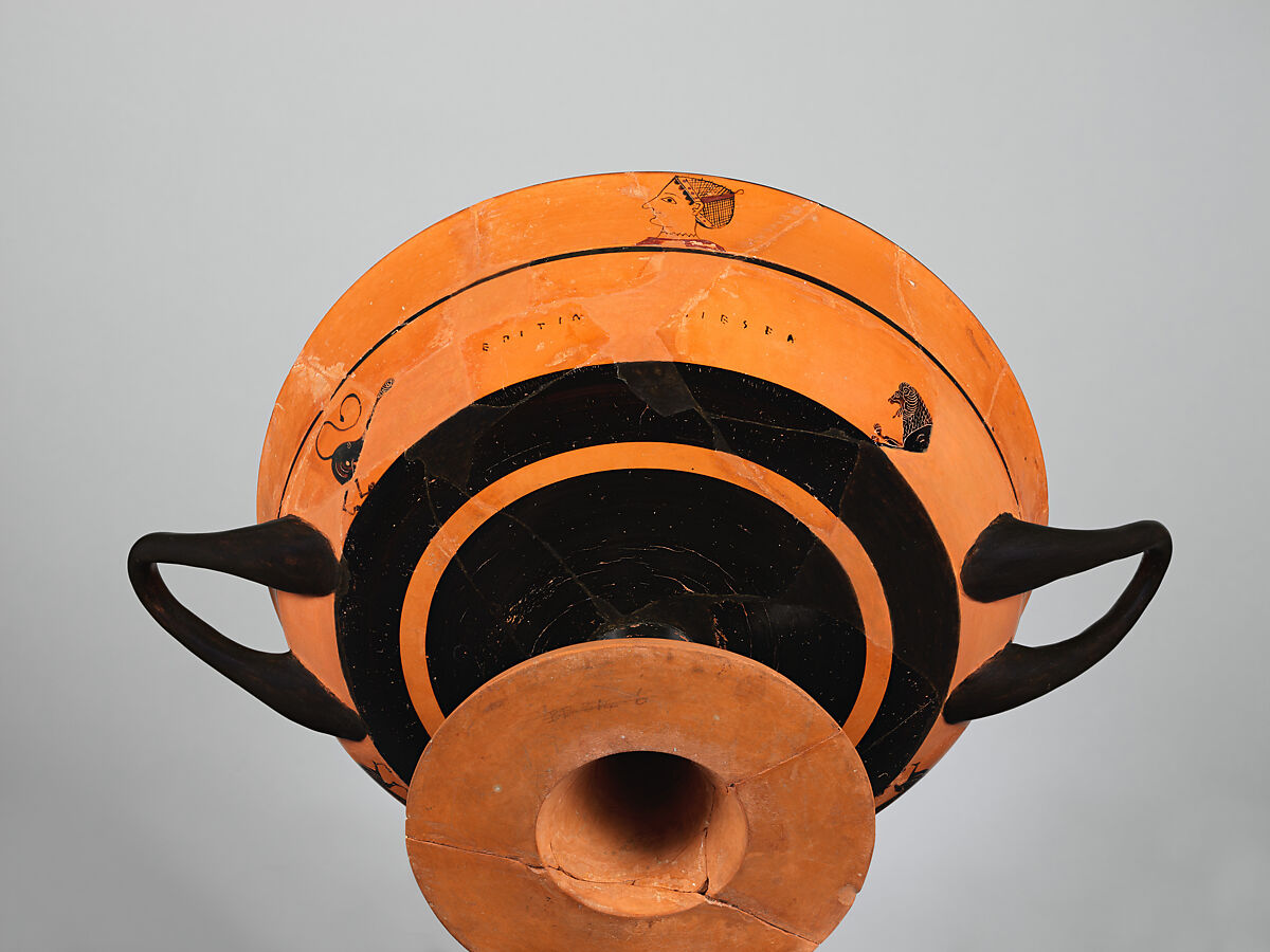 Terracotta kylix: lip-cup (drinking cup), Signed by Epitimos as potter, Terracotta, Greek, Attic