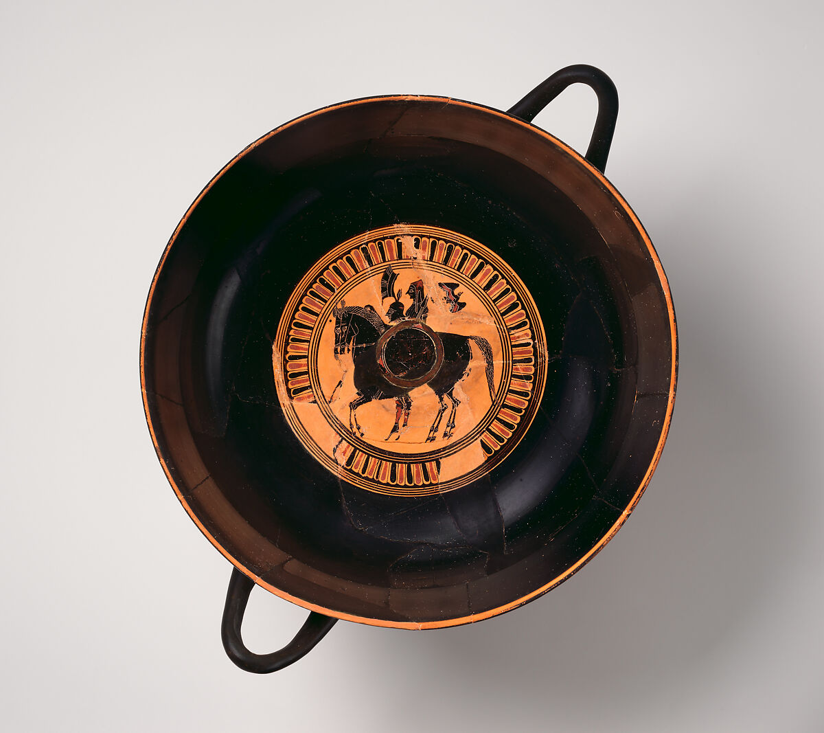 Terracotta kylix: lip-cup (drinking cup), Signed by Epitimos as potter, Terracotta, Greek, Attic