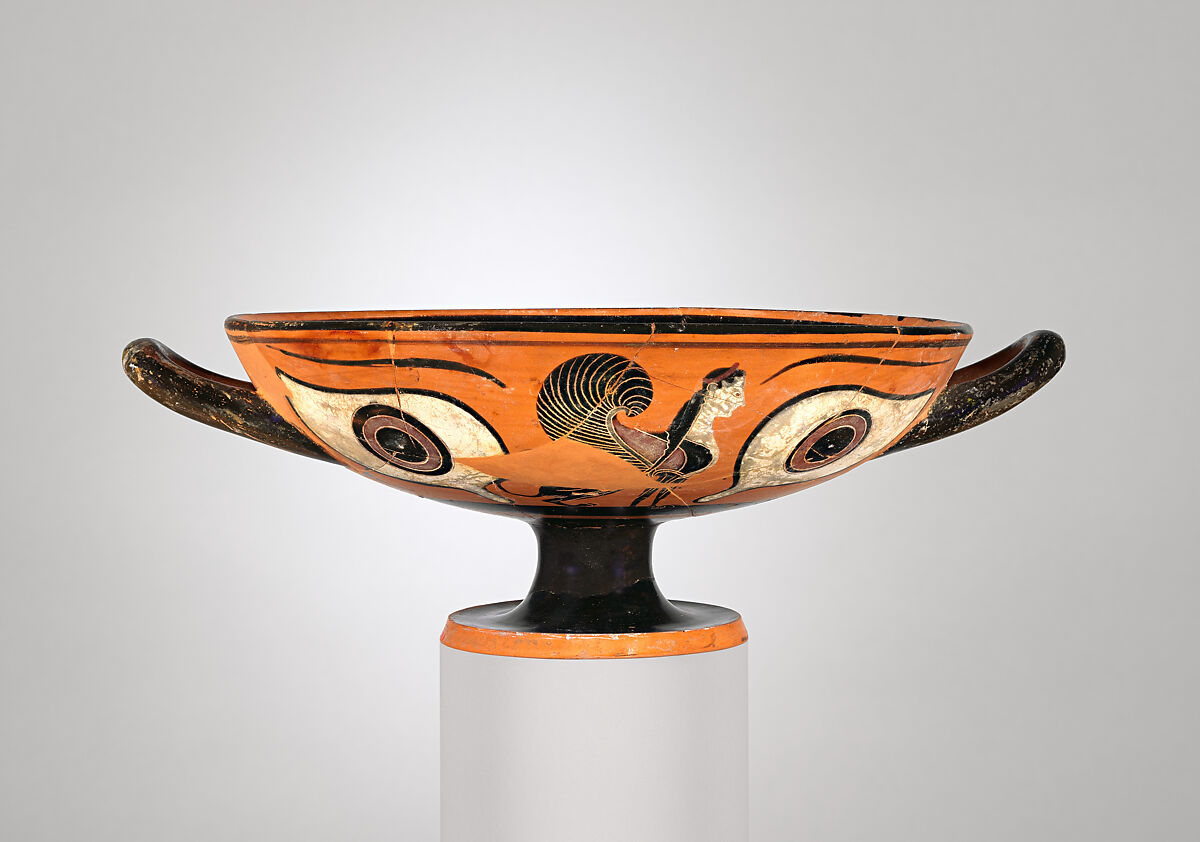 Terracotta kylix: eye-cup (drinking cup), Attributed to an artist working in the manner of Lydos, Terracotta, Greek, Attic