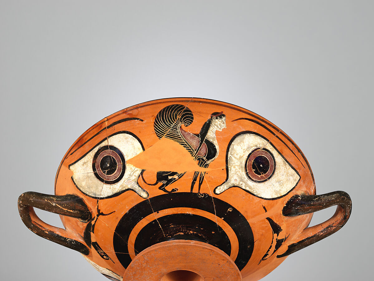 Terracotta kylix: eye-cup (drinking cup), Attributed to an artist working in the manner of Lydos, Terracotta, Greek, Attic