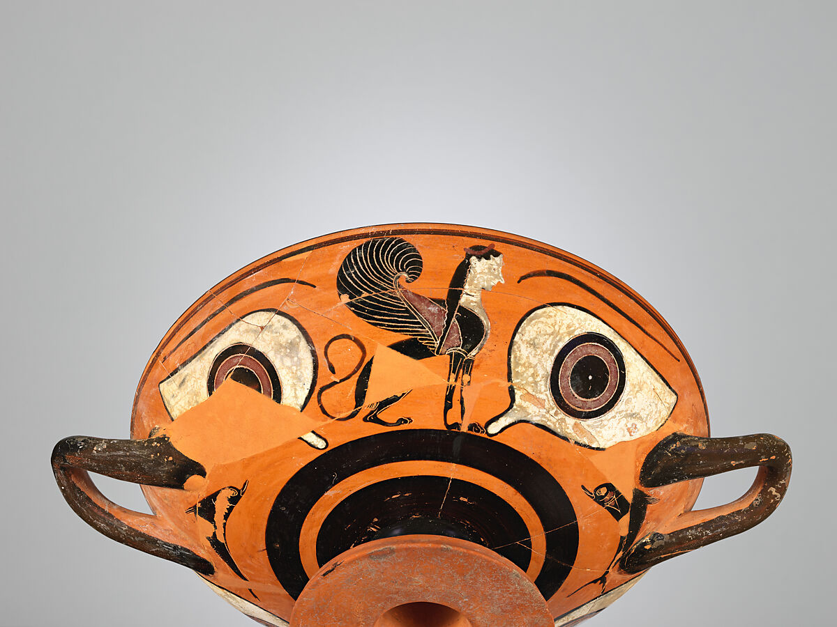 Terracotta kylix: eye-cup (drinking cup), Attributed to an artist working in the manner of Lydos, Terracotta, Greek, Attic
