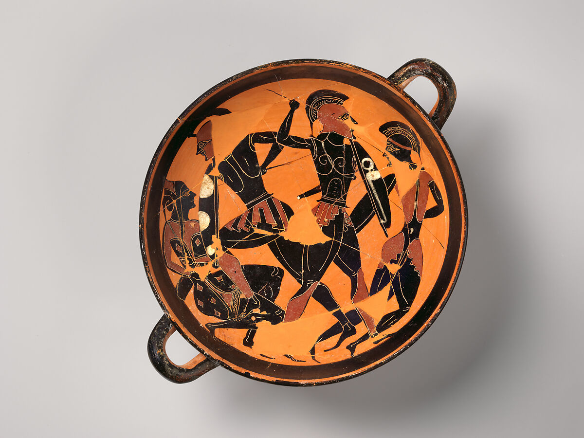 Terracotta kylix: eye-cup (drinking cup), Attributed to an artist working in the manner of Lydos, Terracotta, Greek, Attic 