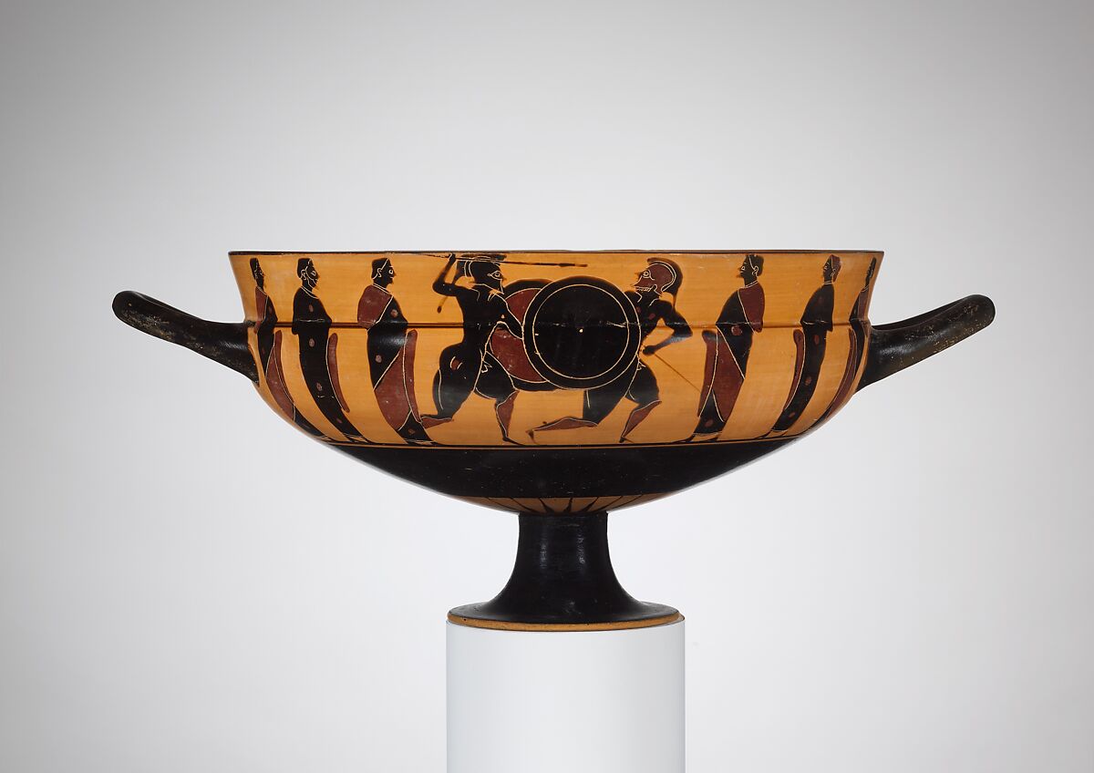 Terracotta kylix: Siana cup (drinking cup), Attributed to the Sandal Painter, Terracotta, Greek, Attic 