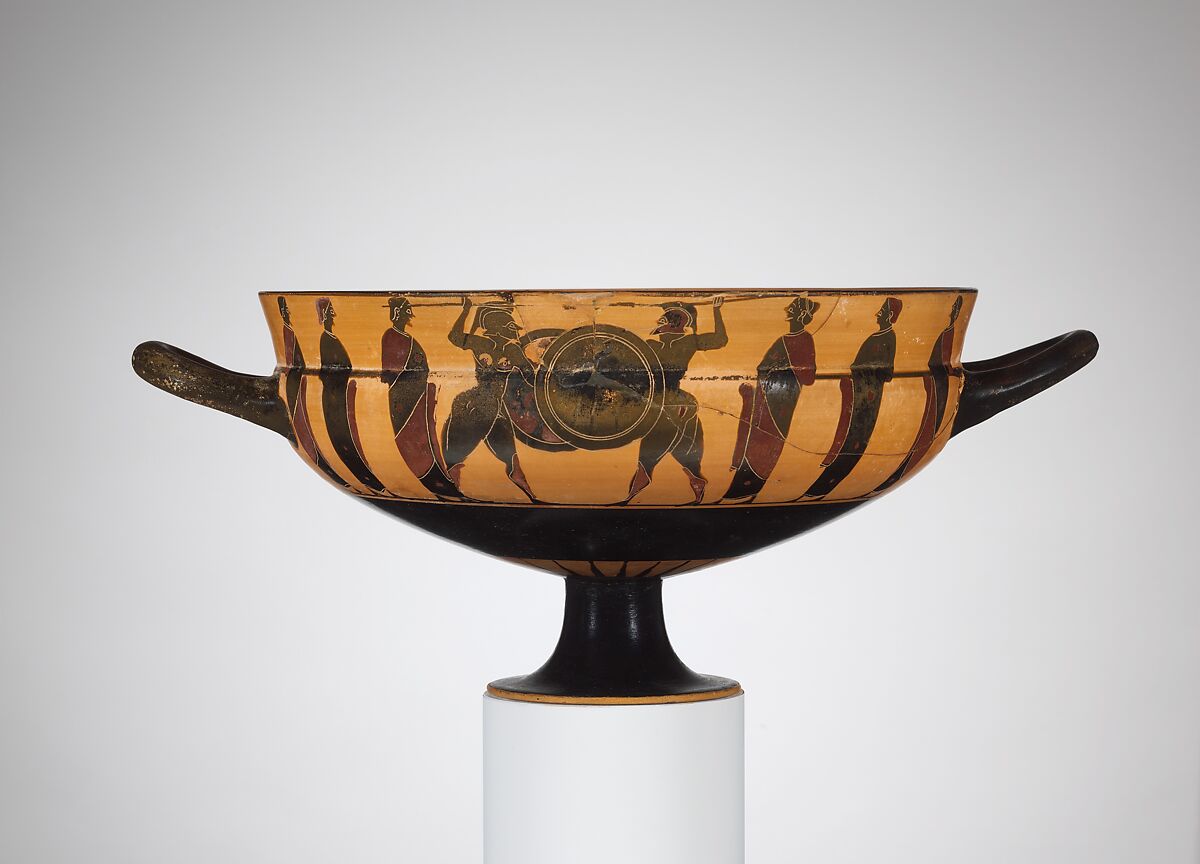 Terracotta kylix: Siana cup (drinking cup), Attributed to the Sandal Painter, Terracotta, Greek, Attic