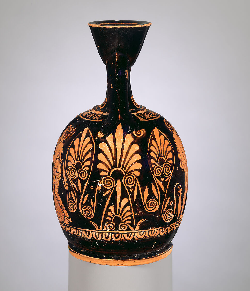 Terracotta squat lekythos (oil flask), Attributed to the manner of the Meidias Painter, Terracotta, Greek, Attic