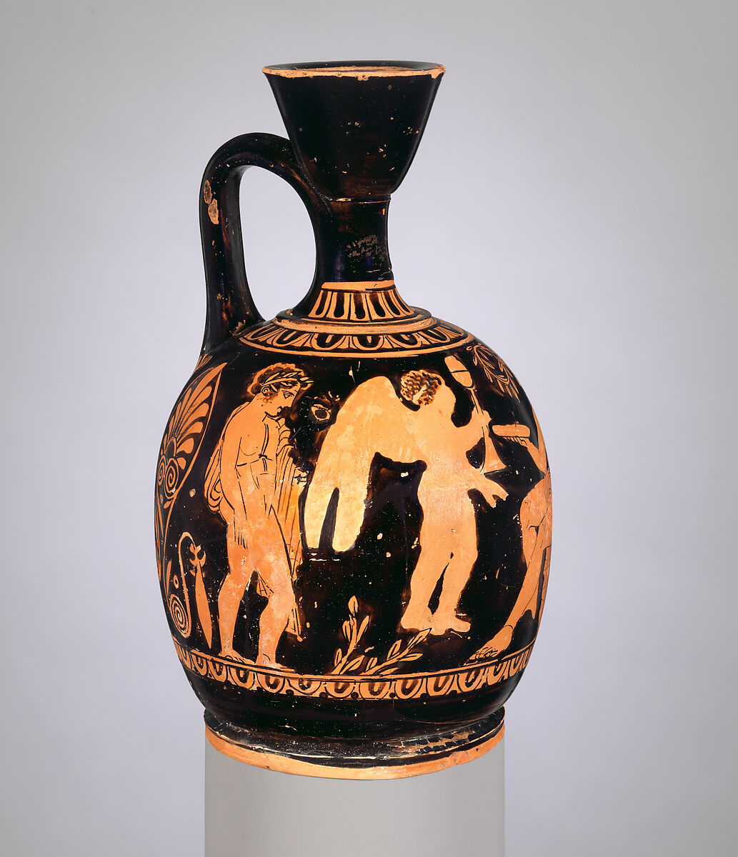 Terracotta squat lekythos (oil flask), Attributed to the manner of the Meidias Painter, Terracotta, Greek, Attic
