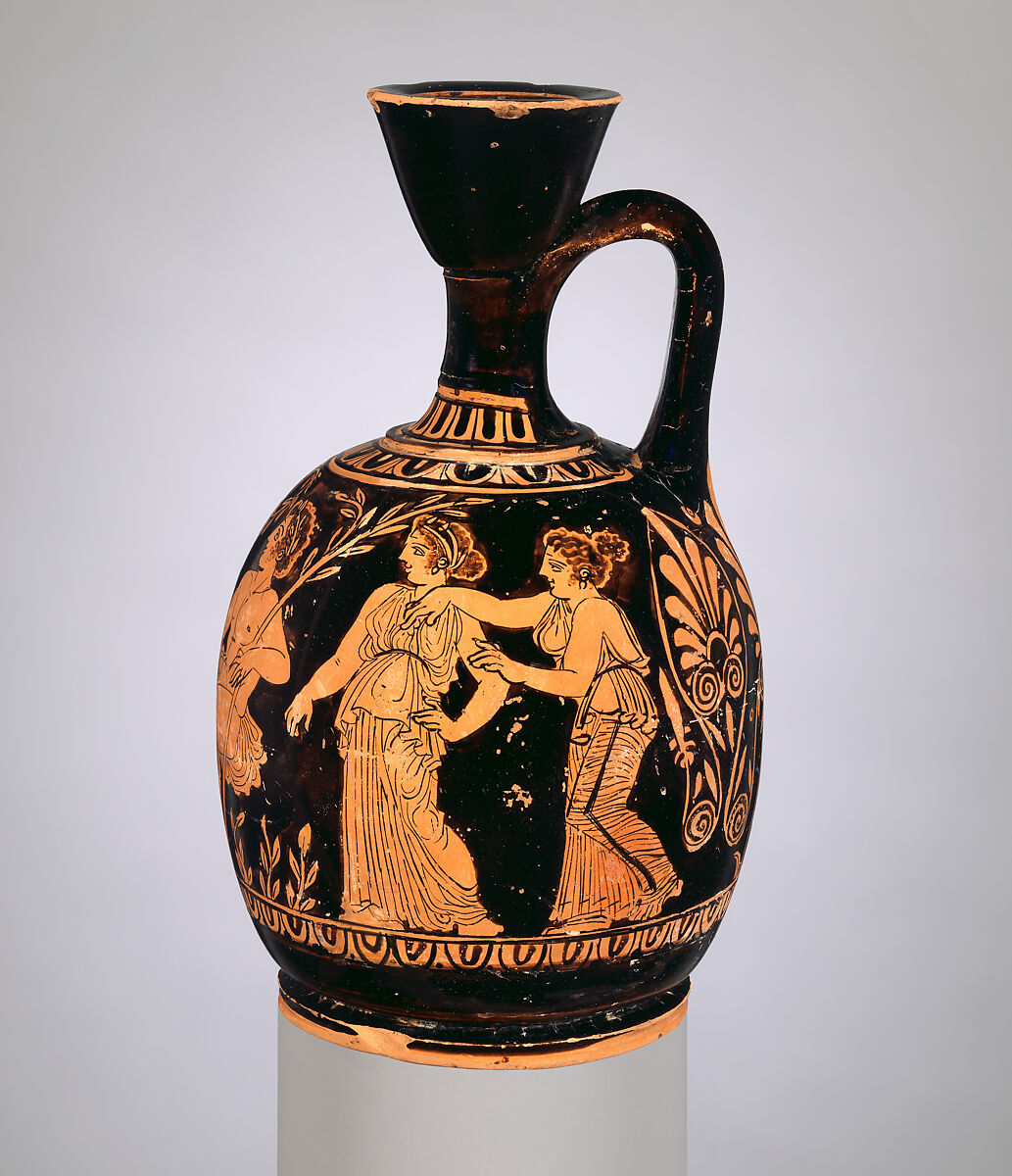 Terracotta squat lekythos (oil flask), Attributed to the manner of the Meidias Painter, Terracotta, Greek, Attic