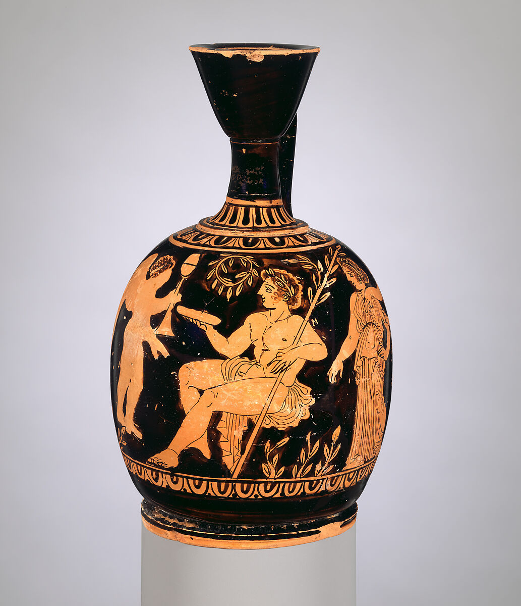 Terracotta squat lekythos (oil flask), Attributed to the manner of the Meidias Painter, Terracotta, Greek, Attic 