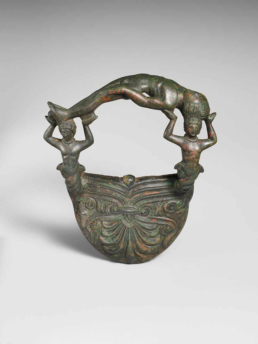 Bronze handle with nereids supporting a youth, Bronze, Etruscan 
