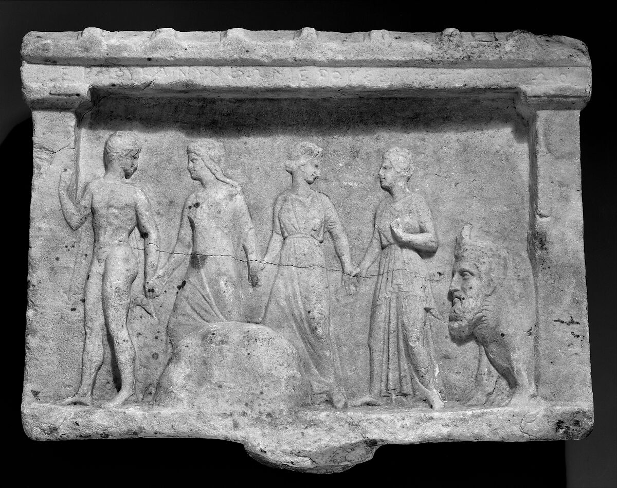 Marble relief of Hermes, three nymphs, and Acheloös, Marble, Island ?, Greek, Attic 