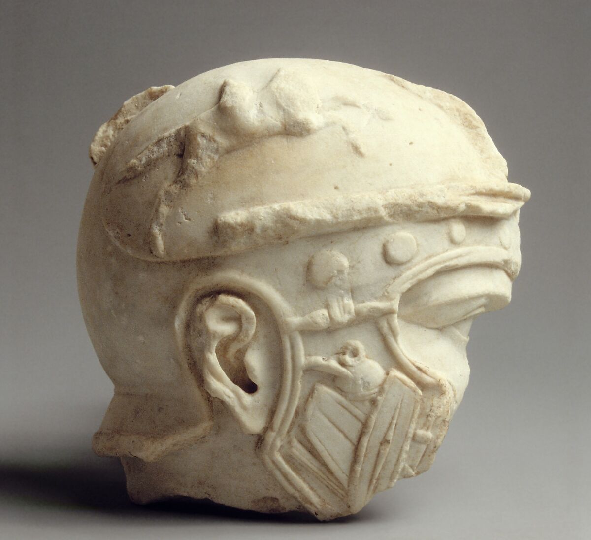 Fragmentary marble head of a helmeted soldier, Marble, Roman