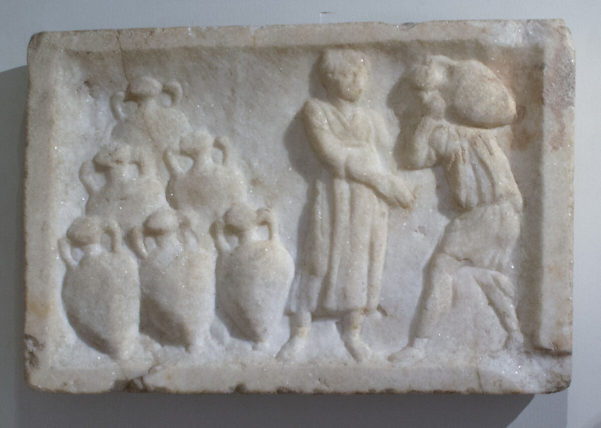 Marble relief showing transport amphorae, Marble, Roman 