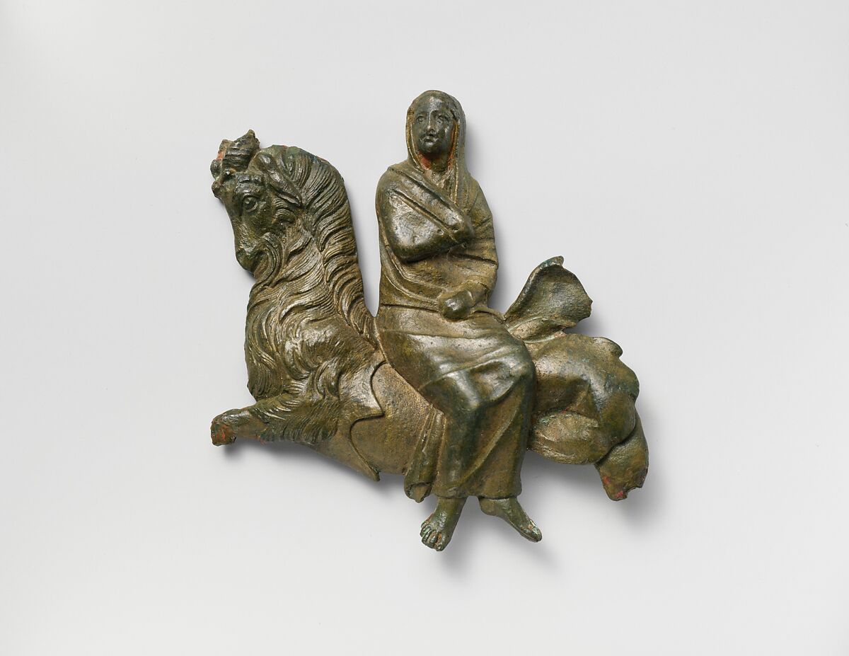 Bronze relief of a veiled woman riding a sea-goat, Bronze, Greek 