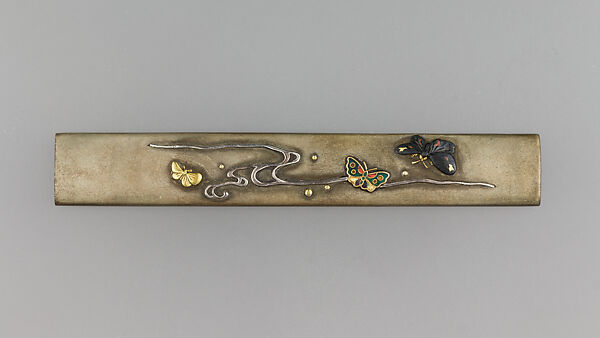 Knife Handle (Kozuka), Copper-silver alloy (shibuichi), gold, silver, copper-gold alloy (shakudō), copper, enameled cloisonné (shippō), Japanese 