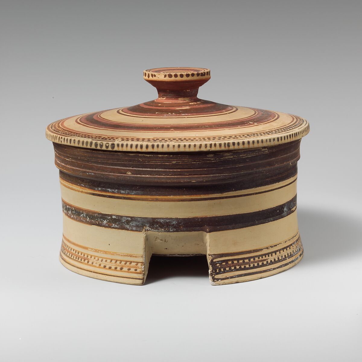 Terracotta tripod-pyxis (box), Terracotta, Greek, Corinthian 