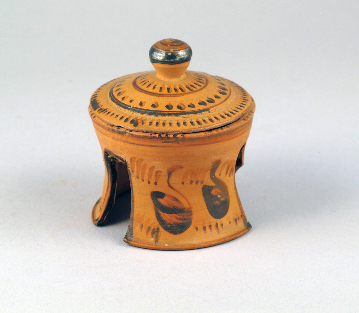 Pyxis with lid, miniature, Attributed to the Swan Group, Terracotta, Greek, Attic 