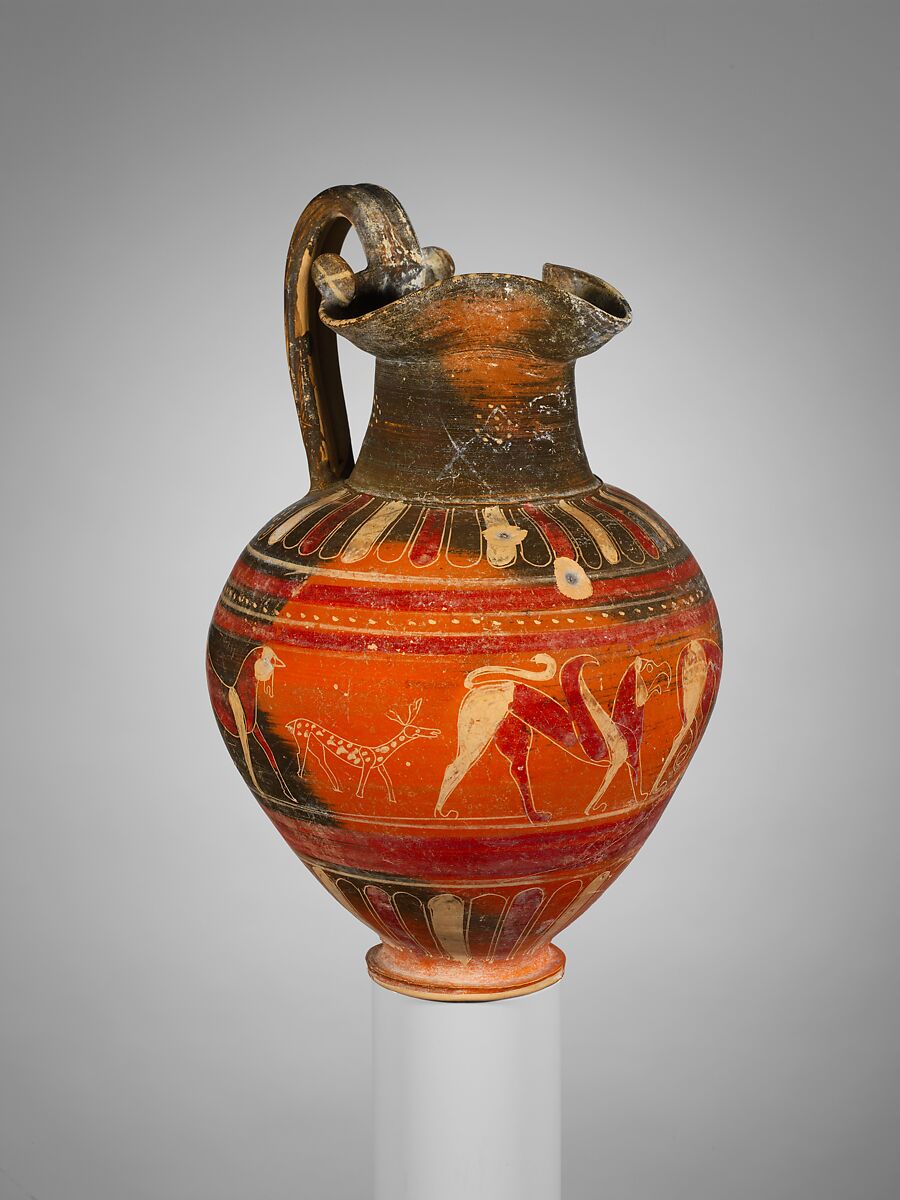 Terracotta trefoil oinochoe (jug), Terracotta, Etruscan, Etrusco-Corinthian 