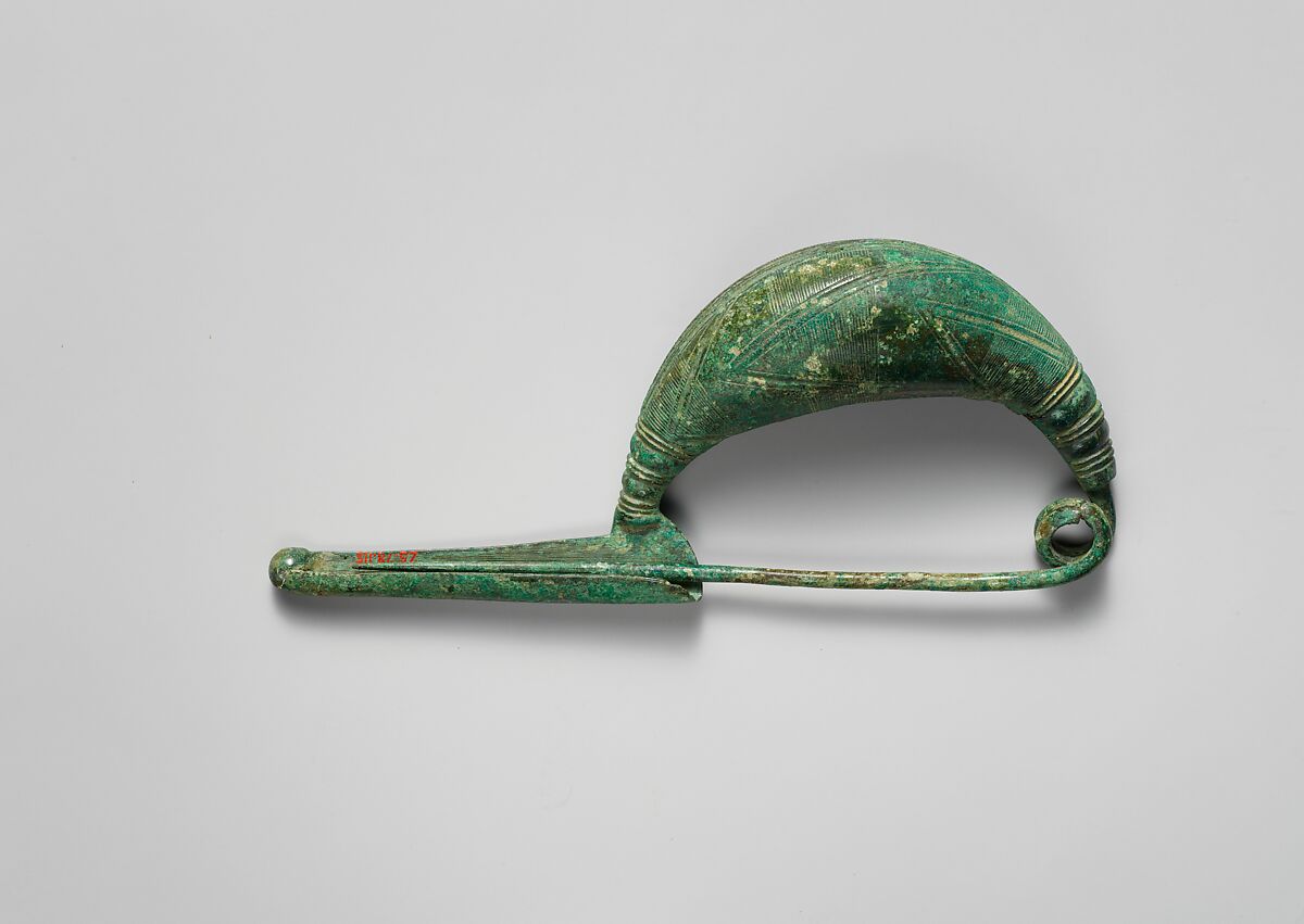 Bronze navicella-type fibula (safety pin), Bronze, Etruscan 