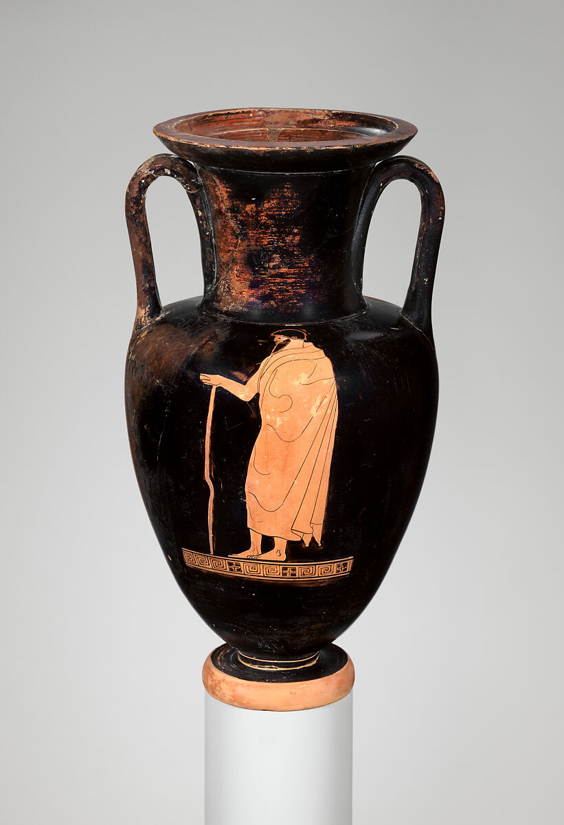 Terracotta Nolan neck-amphora (jar), Attributed to the Achilles Painter, Terracotta, Greek, Attic
