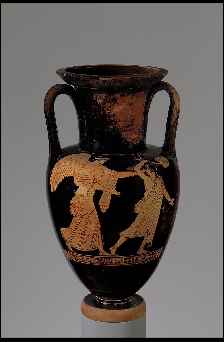 Terracotta Nolan neck-amphora (jar), Attributed to the Achilles Painter, Terracotta, Greek, Attic 