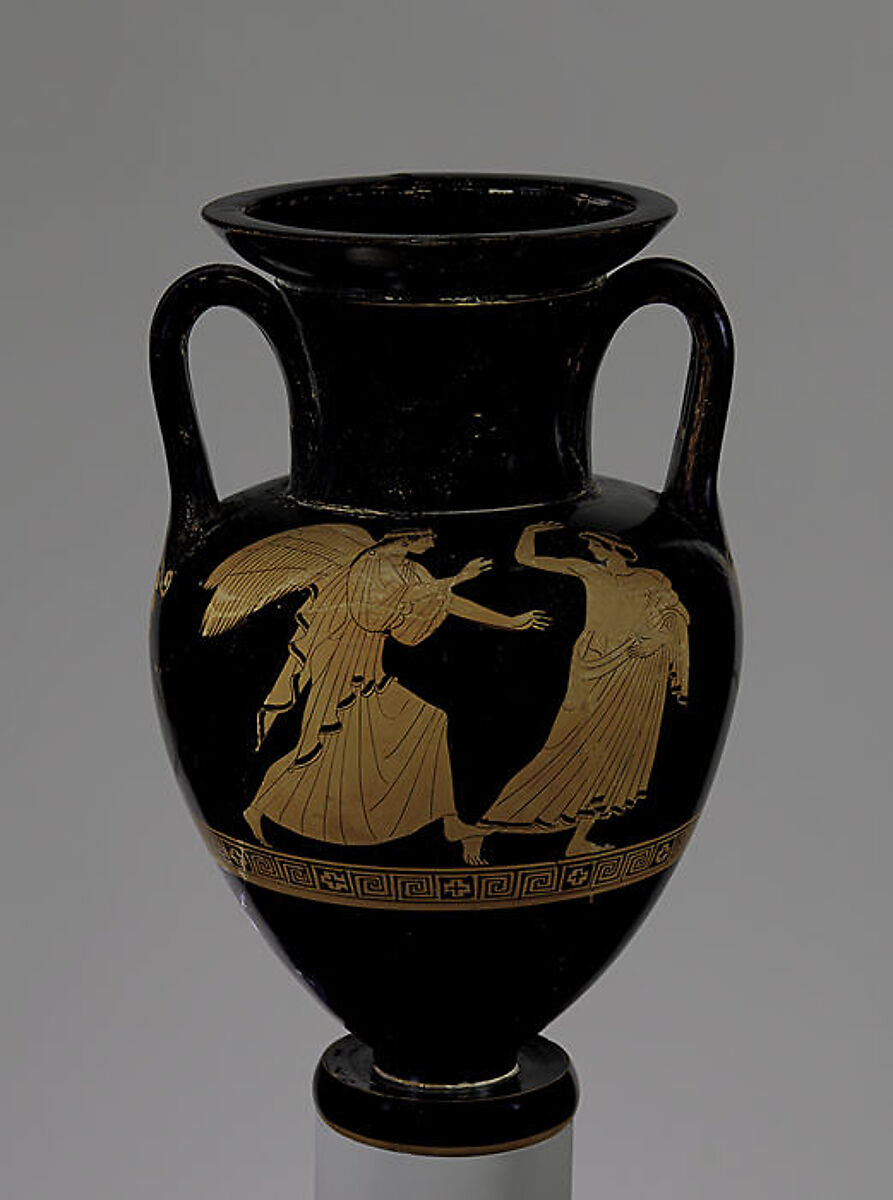 Terracotta Nolan neck-amphora (jar), Attributed to the Brygos Painter, Terracotta, Greek, Attic 