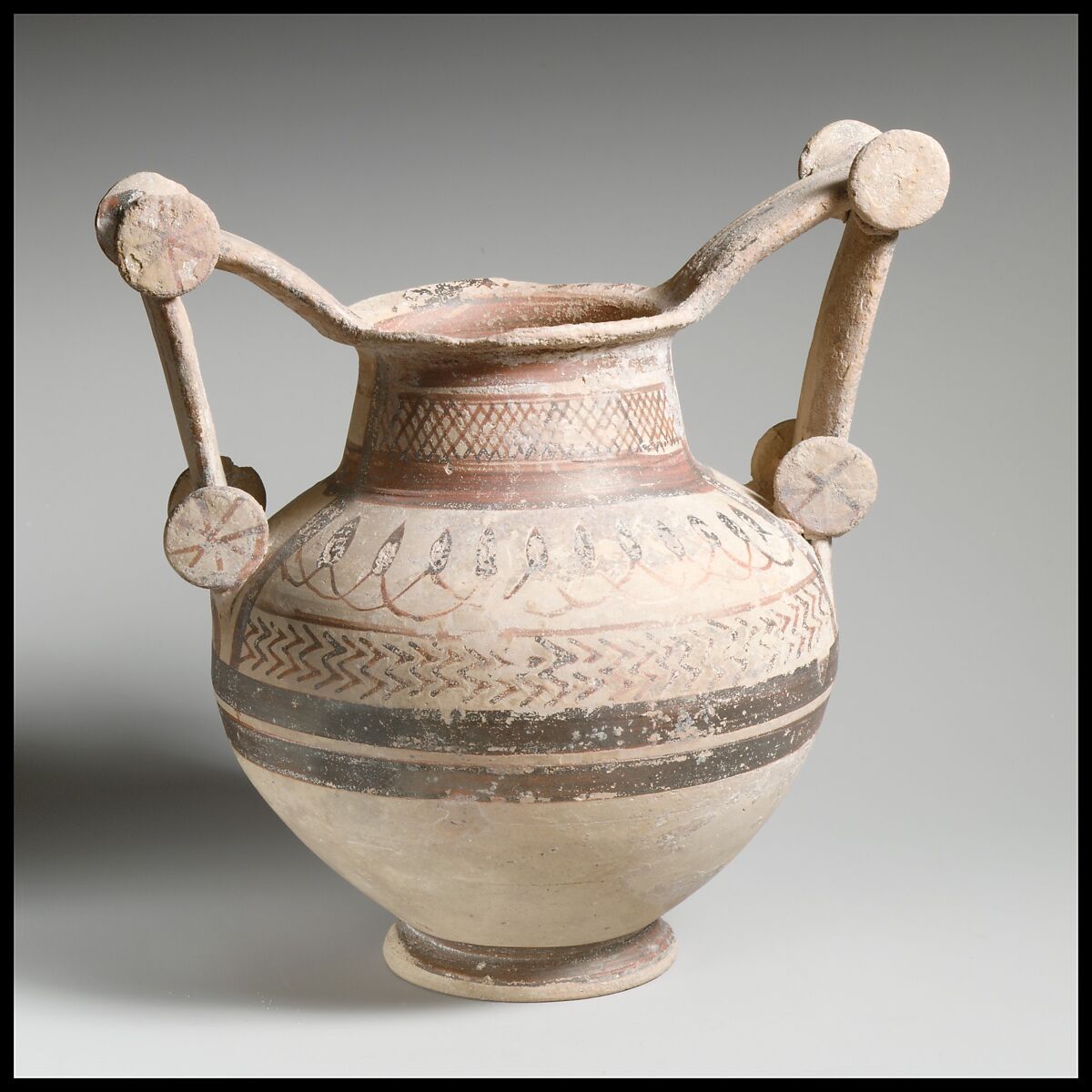 Terracotta trozella (two-handled jar), Terracotta, Native Italic, Apulian, Messapian 