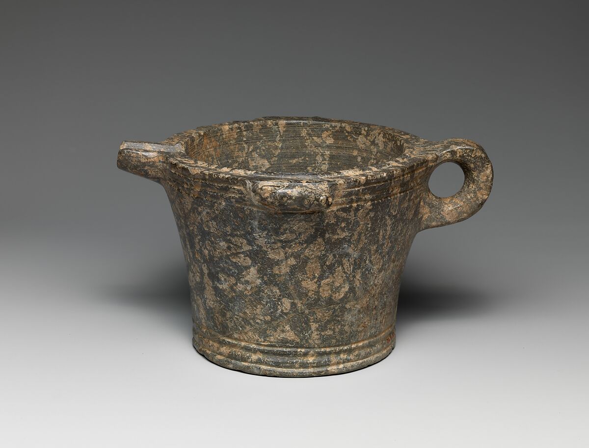 Serpentine bowl with spout and handle, Serpentine, Minoan 