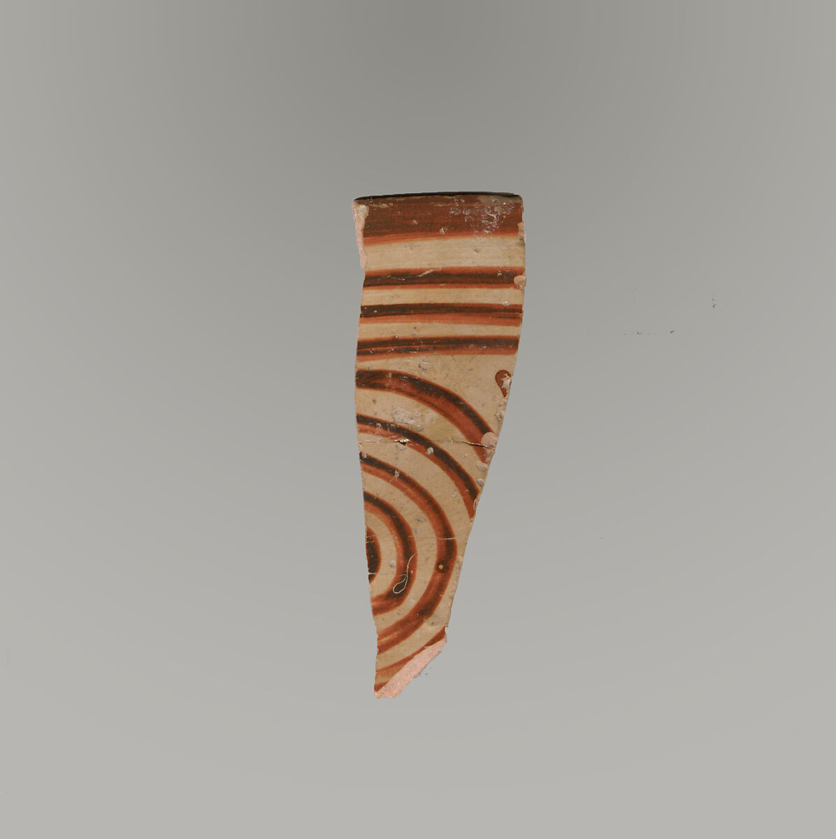 Terracotta rim and upper body fragment with concentric circles (or spiral?) and bands, Terracotta, Minoan 
