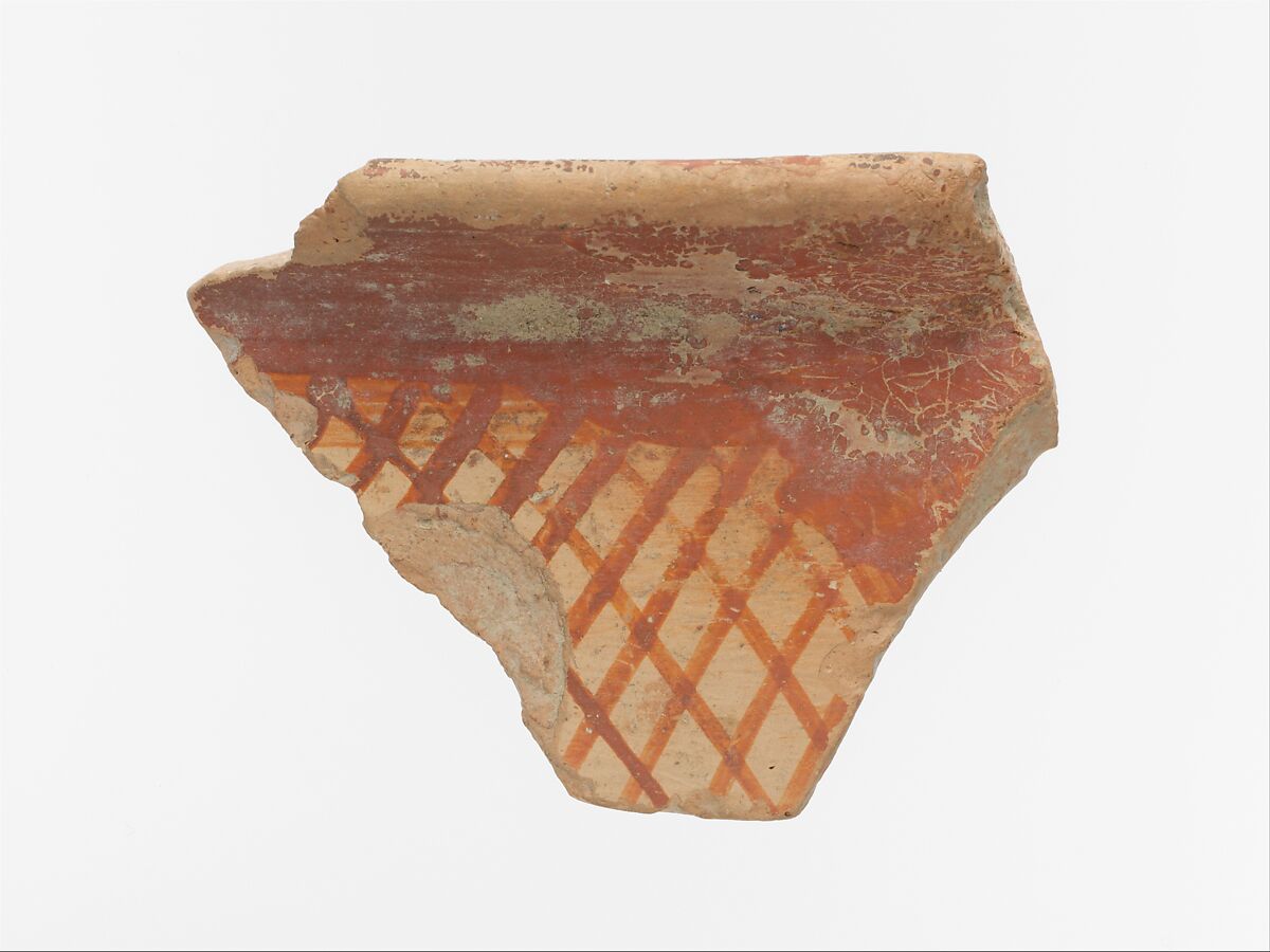 Terracotta rim fragment with cross-hatching beneath band, Terracotta, Mycenaean 