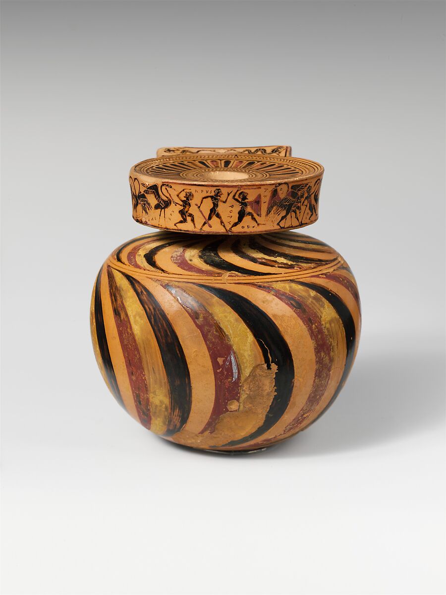 Terracotta aryballos (oil flask), Signed by Nearchos as potter, Terracotta, Greek, Attic