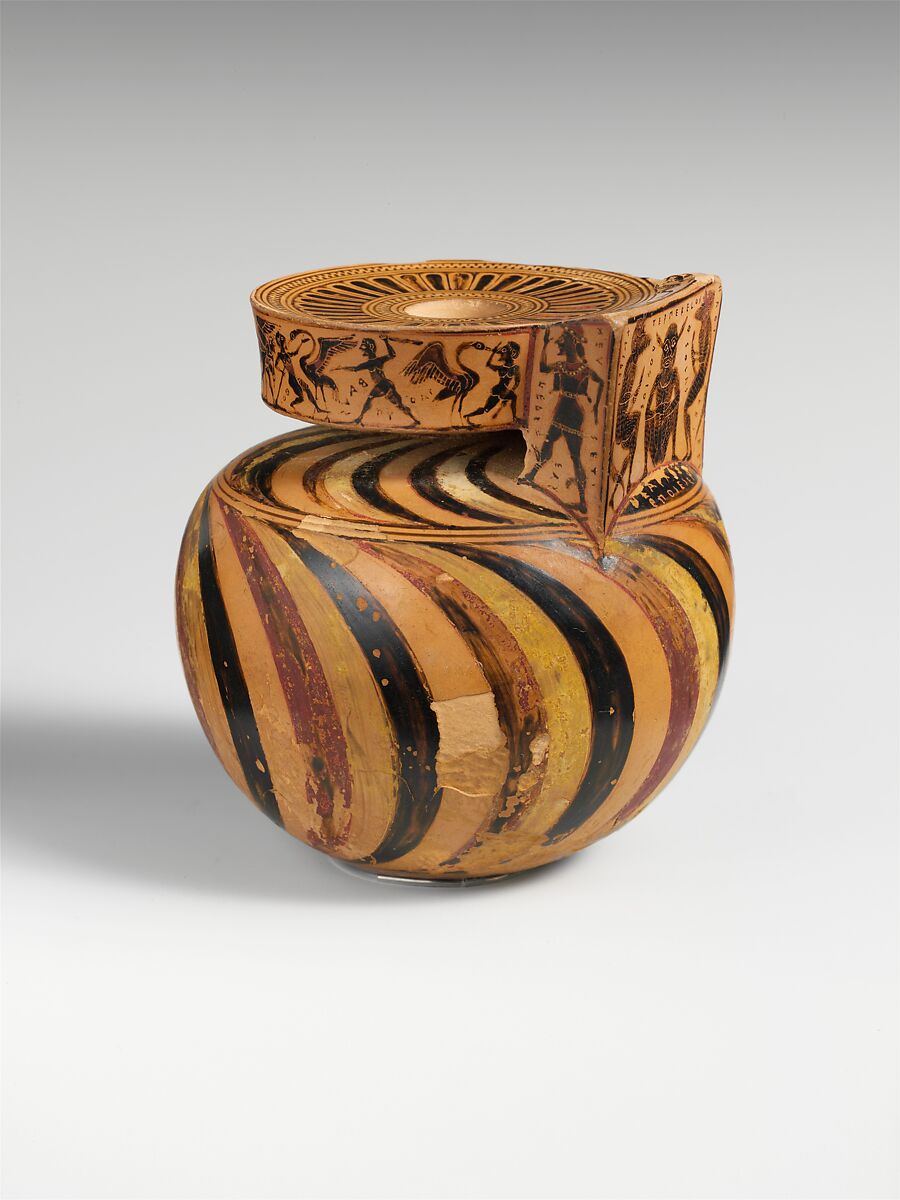 Terracotta aryballos (oil flask), Signed by Nearchos as potter, Terracotta, Greek, Attic