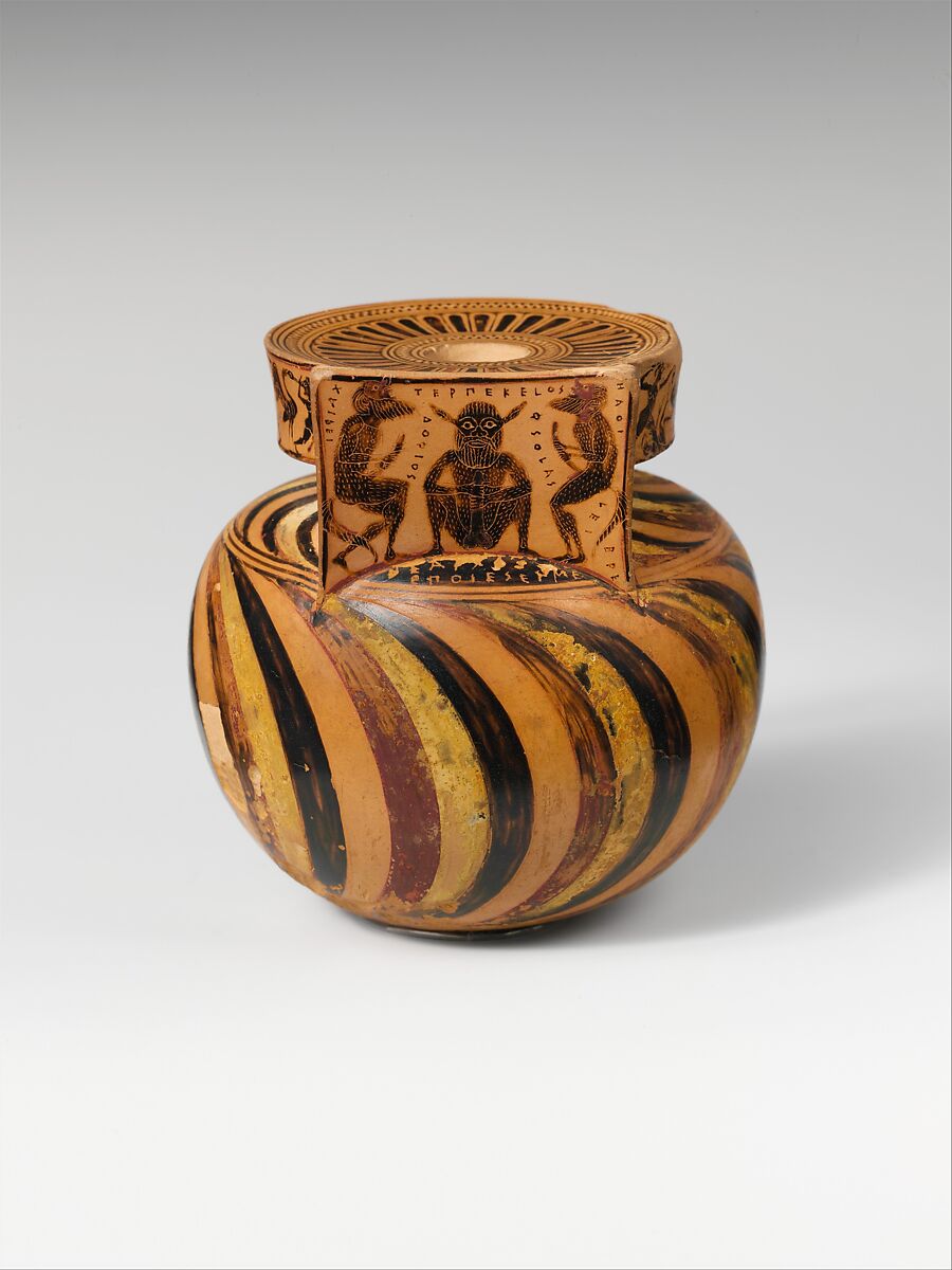 Terracotta aryballos (oil flask), Signed by Nearchos as potter, Terracotta, Greek, Attic